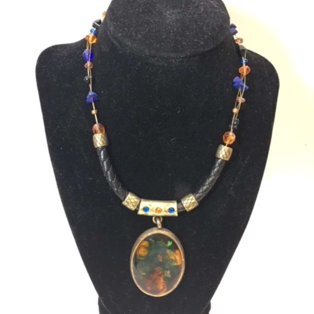 VTG Chico's Enamel Pendant Necklace Beads Rhinestones Braided Boho Tribal